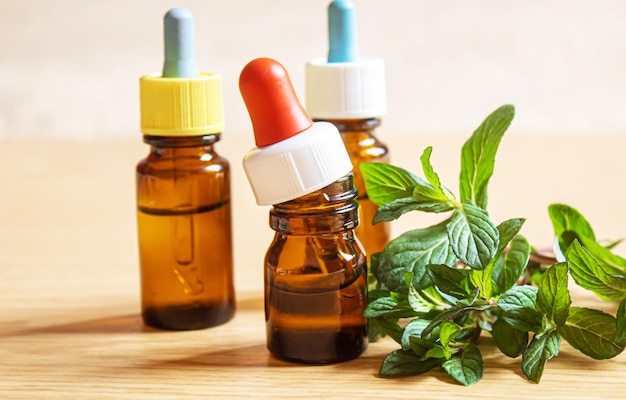 Nettle extract in a small jar Selective focusnature