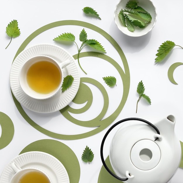 Nettle tea cup stinging nettle herb leaves Ornate flat lay green paper Fibonacci sequence circles on off white background Alternative medicine herbal remedy concept