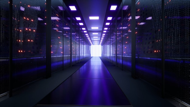 Netwerk- en gegevensservers achter glazen panelen in een serverruimte van een datacenter of Isp 3D-rendering