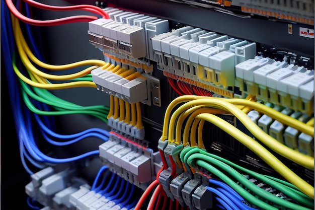 Netwerkserverruimte Kabels op netwerkswitches achtergrond Datacenter bekabelingsinfrastructuur