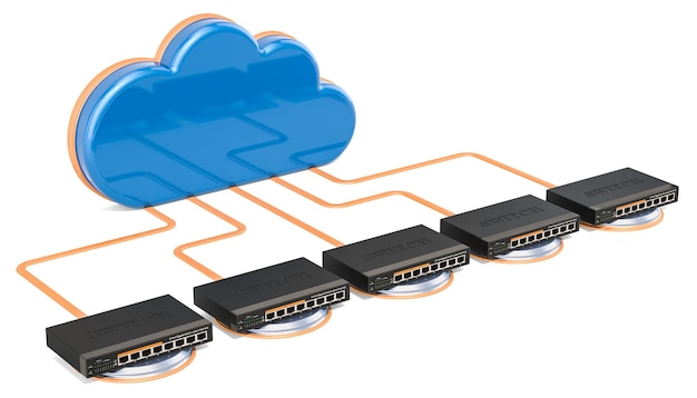 Netwerkverbindingsconcept Computercloud met netwerkschakelaars 3D-rendering