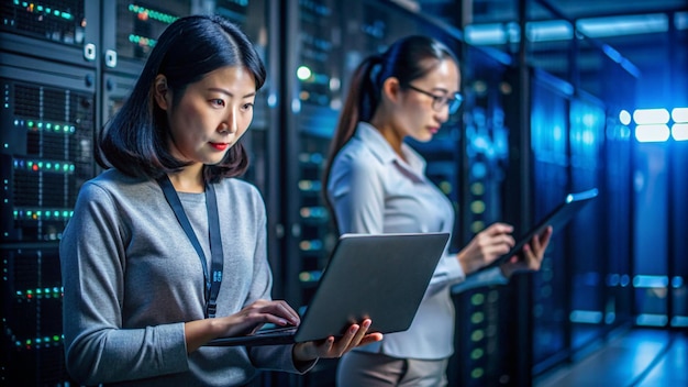 ネットワーク管理者がデータセンターのサーバールームで監視しています