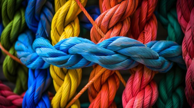 Photo network color and and knot of rope with connection craft and texture for climbing safety or strong