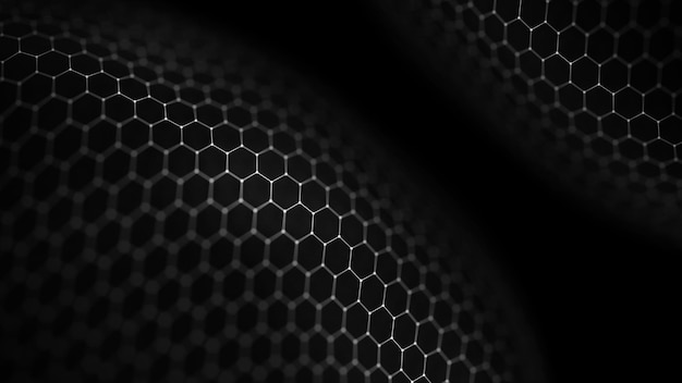 Network connection concept black background illustration. Futuristic hexagon perspective wide angle lanscape. Futuristic honeycomb concept. 3d landscape. Big data digital background.