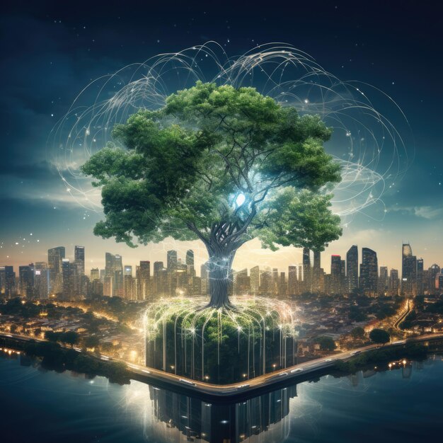 Foto tecnologia di connessione di rete o concetto di big data albero cibernetico blu con elemento futuristico