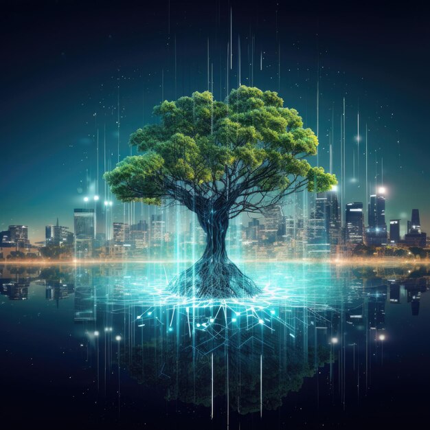 Foto tecnologia di connessione di rete o concetto di big data albero cibernetico blu con elemento futuristico