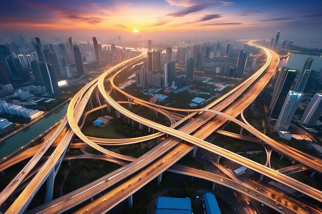 Network and Connection technology concept with Bangkok Expressway top view in panorama at sunrise Thailand