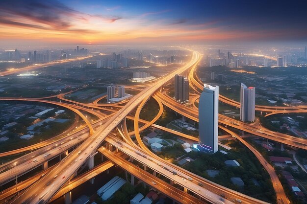 Network and Connection technology concept with Bangkok Expressway top view in panorama at sunrise Thailand