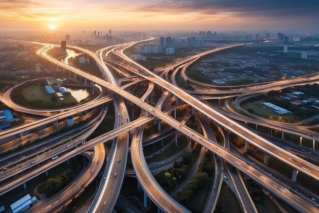 Network and Connection technology concept with Bangkok Expressway top view in panorama at sunrise Thailand