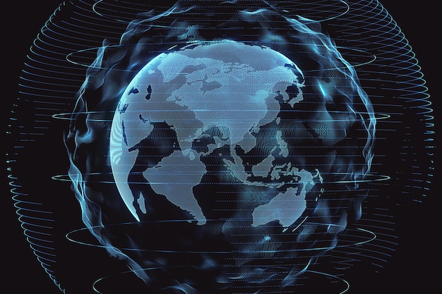 ネットワーク接続システム球のグローバルな世界観は、暗い背景の3Dレンダリングでデジタル技術の球体で覆われています