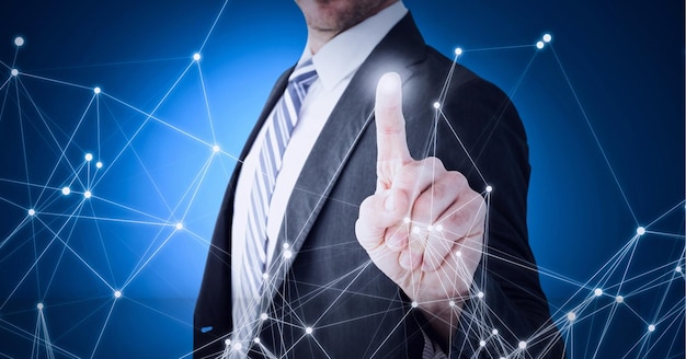 Foto rete di connessioni con un uomo d'affari su sfondo blu, tecnologia e concetti aziendali