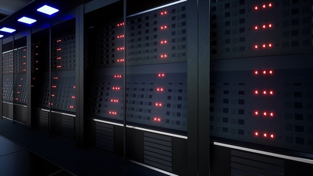 Network And Data Servers Behind Glass Panels In A Server Room Of A Data Center Or Isp 3d Renderin