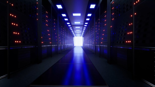 Network And Data Servers Behind Glass Panels In A Server Room Of A Data Center Or Isp 3d Renderin