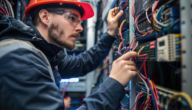 Network engineer configuring server rack