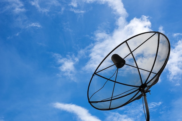 Network from satellite dish on blue sky background