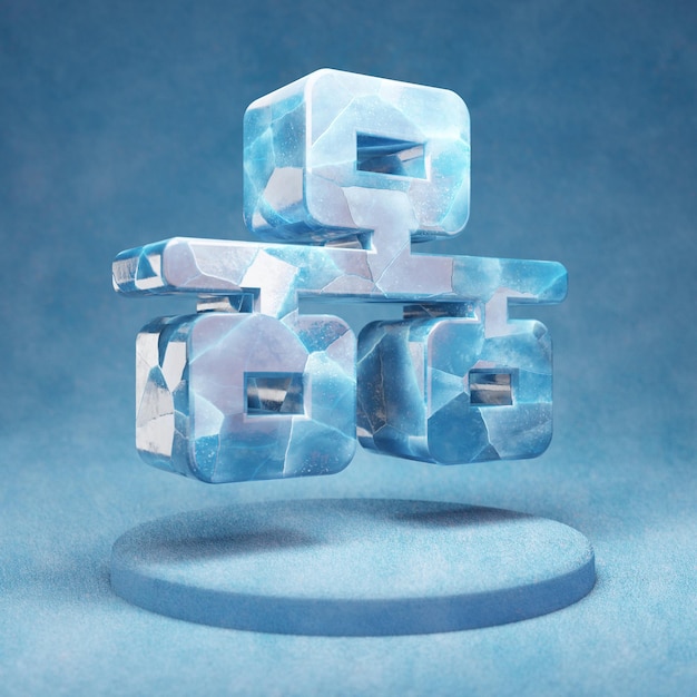 Network icon. Cracked blue Ice Network symbol on blue snow podium. Social Media Icon for website, presentation, design template element. 3D render.