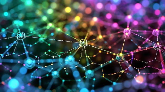 network of interconnected nodes glowing with vibrant colors illustrating the complexity of ai neural networks