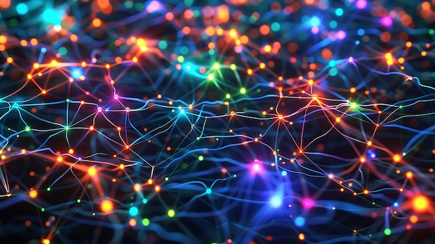 network of interconnected nodes glowing with vibrant colors illustrating the complexity of ai neural networks