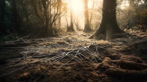 A network of interconnected tree roots beneath the ground symbolizing the intricate web of nature's