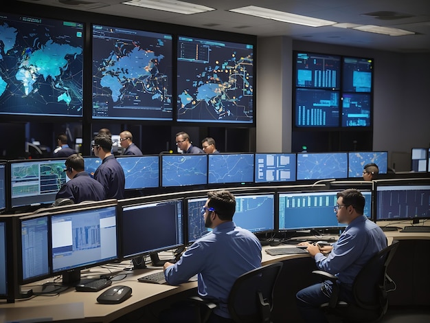 Network operations center NOC with technicians monitoring network traffic troubleshooting issues