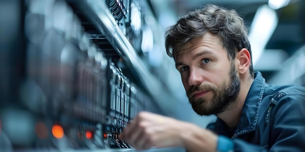 Photo network security in action a male it engineer working in a server room concept it engineer server room network security data protection cybersecurity