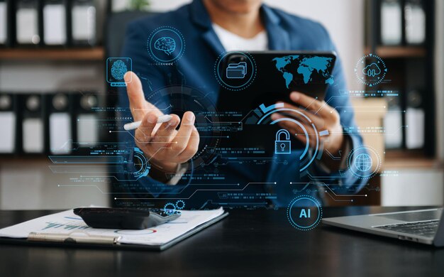 Network security business using digital tablet and computer with digital padlock for data protection internet technology networking and cyber security technologyxA