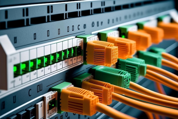 A network server with orange and green cables connected to it.