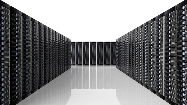 Network servers data center room on white background with reflections