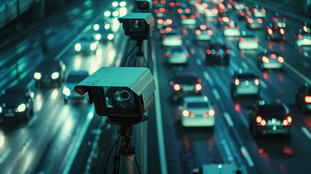 Photo a network of surveillance cameras along a busy highway monitors the speed and movement of vehicles
