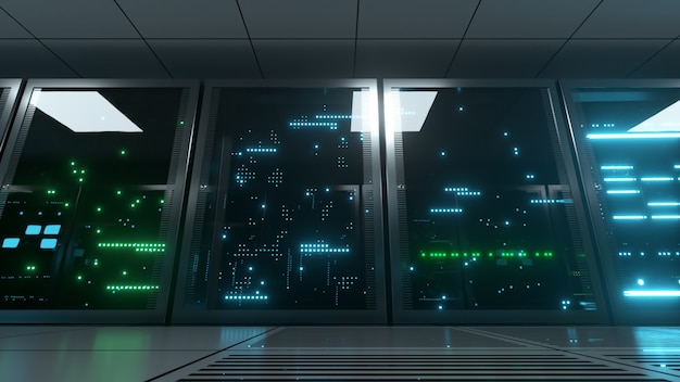 Networked and data servers behind glass panels in a server room.