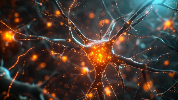 Neural cells featuring luminescent connections resembling knots Glowing neurons within the brain