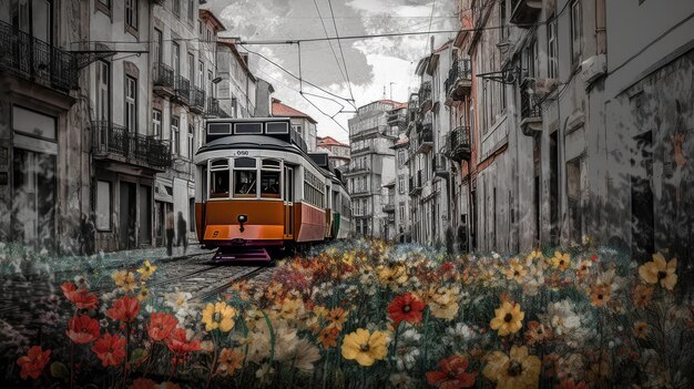 Neural illustration of iconic Lisbon tram journeying through flowerpocalypse surrounded by vivid blossoms and historic architecture