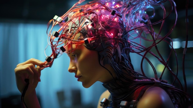 Neural lace geavanceerde technologie innovatieve hersenen computer interfaces geest gecontroleerde apparaten futuristische menselijke augmentatie gecreëerd met Generative AI technologie