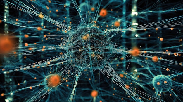a neural network model visualized as a complex web of interconnected nodes and layers representing the advanced machine learning algorithms driving modern ai