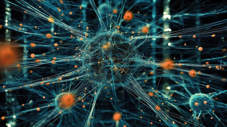 Photo a neural network model visualized as a complex web of interconnected nodes and layers representing the advanced machine learning algorithms driving modern ai
