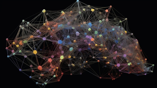 Neural network nodes connected to each other in the shape of a brain