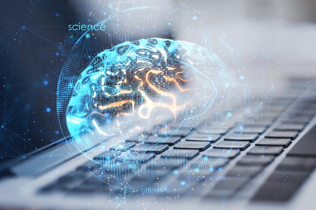 Neurale netwerk en kunstmatige intelligentie concept met digitale menselijke hersenen met gloeiende gele windingen in blauwe bol op moderne laptop toetsenbord dubbele belichting als achtergrond
