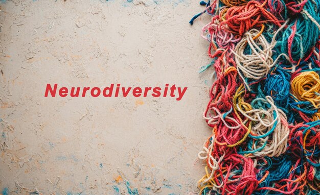 Neurodiversiteit van tekst en veelkleurige verwikkelde draden op een beige achtergrond