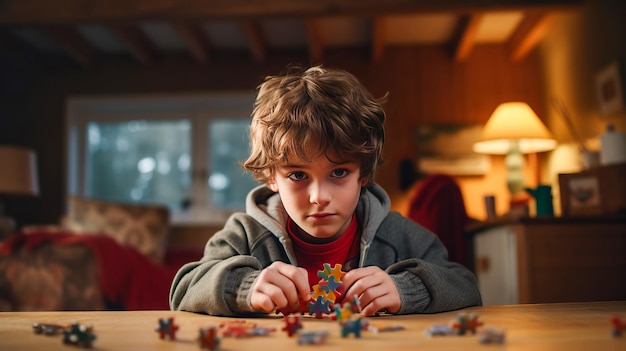 Neurodiversity Exploration Boy with Autism Embracing Emotions with Puzzle Play