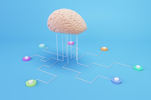 Neurological innovation development concept and science concept with human brain layout connected to sensors for computer testing on blue background 3d rendering