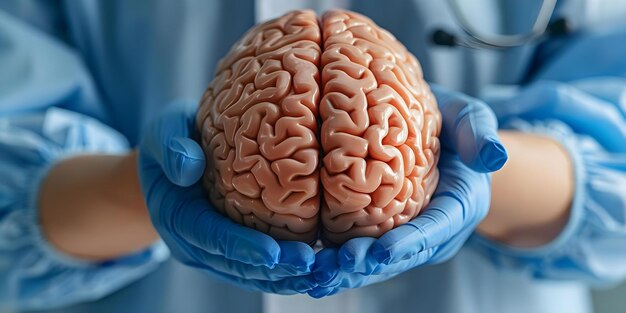 Foto un neurologo esamina un cervello umano che simboleggia il processo di diagnosi della salute mentale concetto neurologia diagnostica della salute mentale processo esame del cervello trattamento medico
