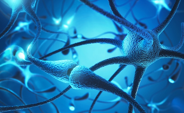 Foto cellula del neurone con l'illustrazione di concetto 3d di impulsi elettrici.