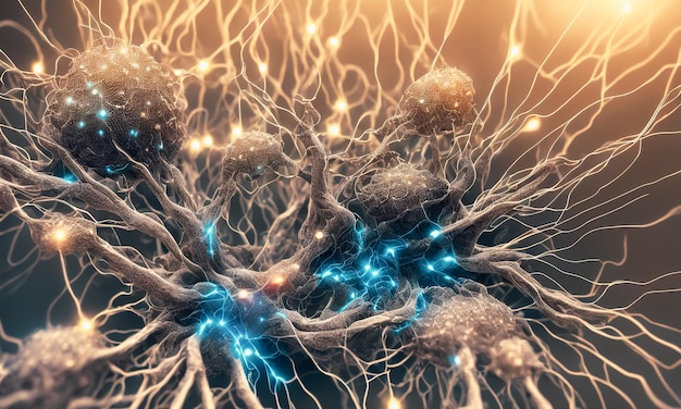 Neuron cells communicating with orange electric signals\
generative ai