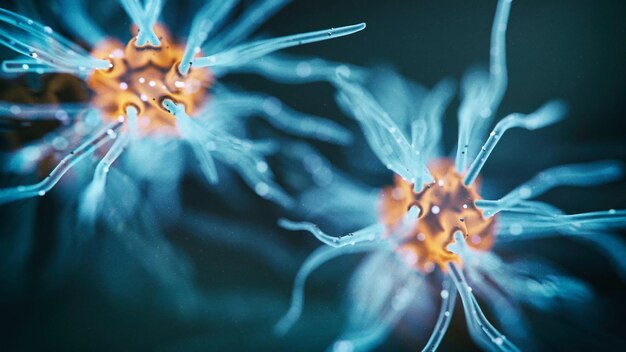 Neuron cells system 3d rendered image of Neuron cell network Hologram view Neuroscience concept