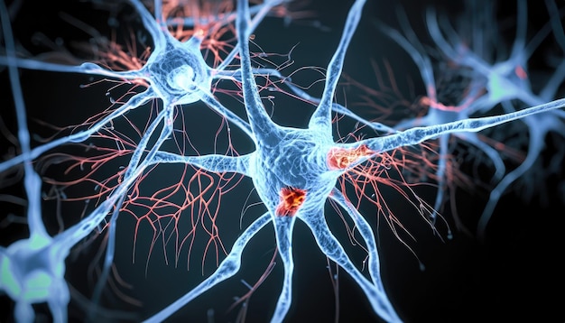 Neuron cells system disease 3d rendered image of Neuron cell network on black background