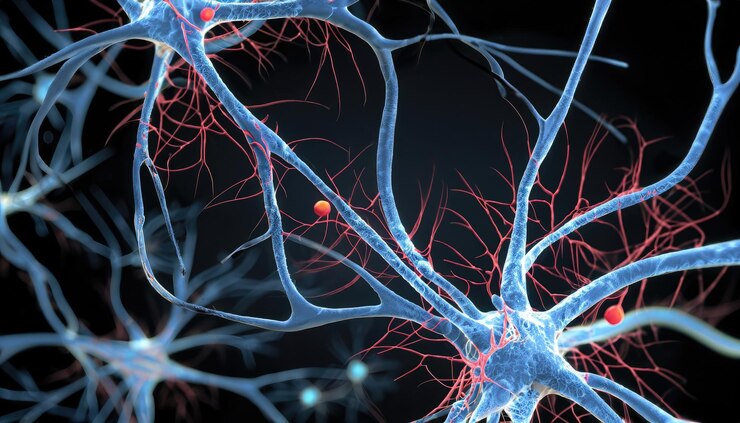 Photo neuron cells system disease 3d rendered image of neuron cell network on black background