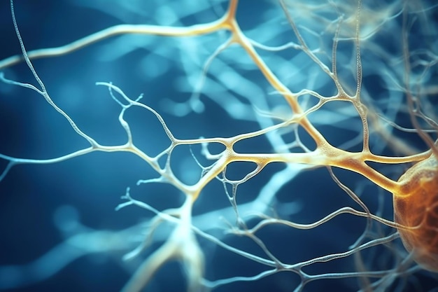 Neuron cells with glowing connections on abstract background Generative AI