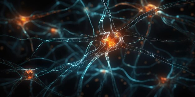 Neuron cells with glowing in human brain synapses Generative AI