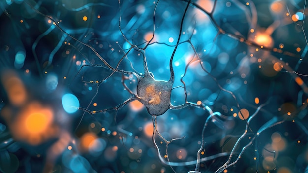 Нейронная сеть с светящимися узлами на синем фоне