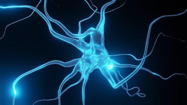 Neuron synapse hologram 3d rendered image of Neuron cell network on black background Conceptual m